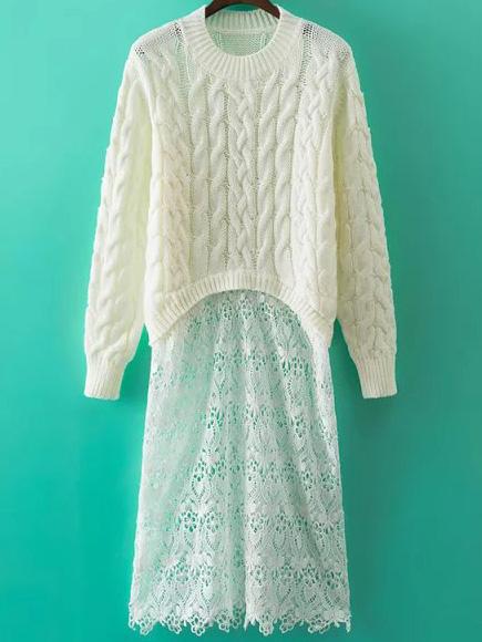 Romwe Contrast Lace Cable Knit White Sweater Dress