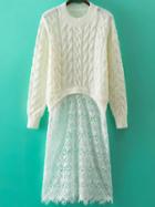 Romwe Contrast Lace Cable Knit White Sweater Dress