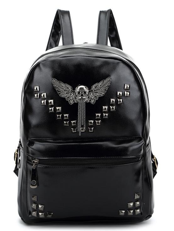 Romwe Metal Skull Embellished Studded Backpack - Black