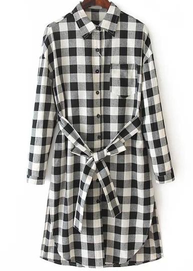 Romwe Black White Lapel Plaid Belt Blouse