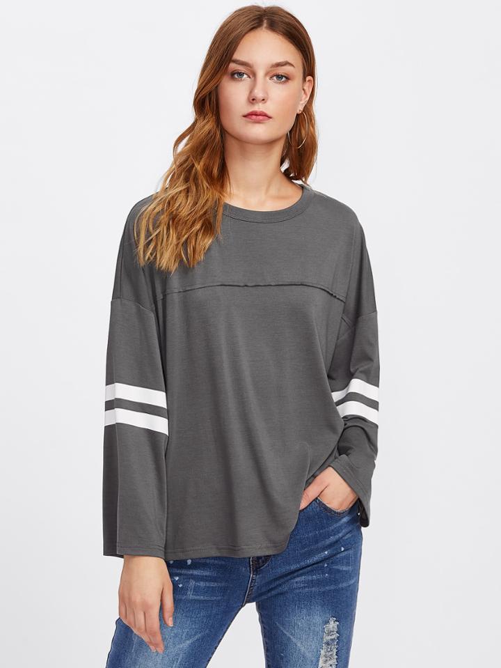 Romwe Drop Shoulder Varsity Striped Boxy Tee