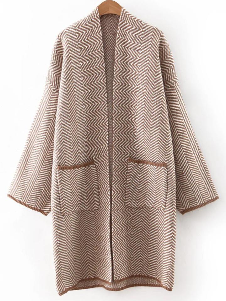 Romwe Coffee Chervon Print Pocket Long Cardigan