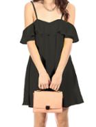 Romwe Off The Shoulder Ruffle Chiffon Black Dress