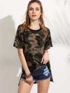 Romwe Camo Print Dropped Shoulder High Low T-shirt