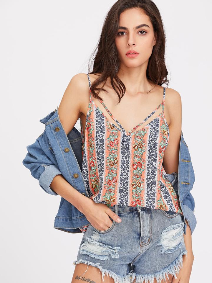 Romwe Floral Striped Double V Neck Strappy Cami Top