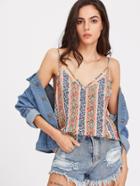 Romwe Floral Striped Double V Neck Strappy Cami Top