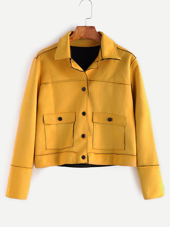 Romwe Yellow Suede Single Breasted Crop Jacket
