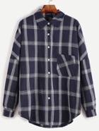 Romwe Navy Plaid Drop Shoulder High Low Pocket Shirt