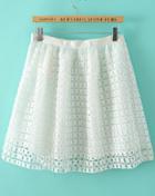 Romwe Hollow Plaid Flare White Skirt