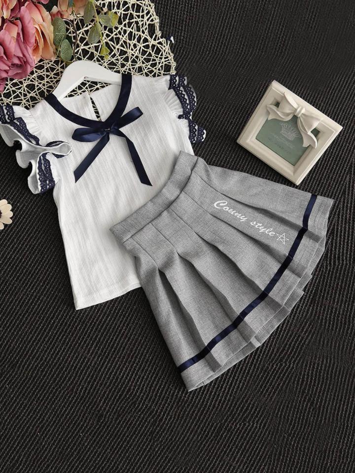 Romwe Contrast Lace Ribbon Detail Top With Skirt