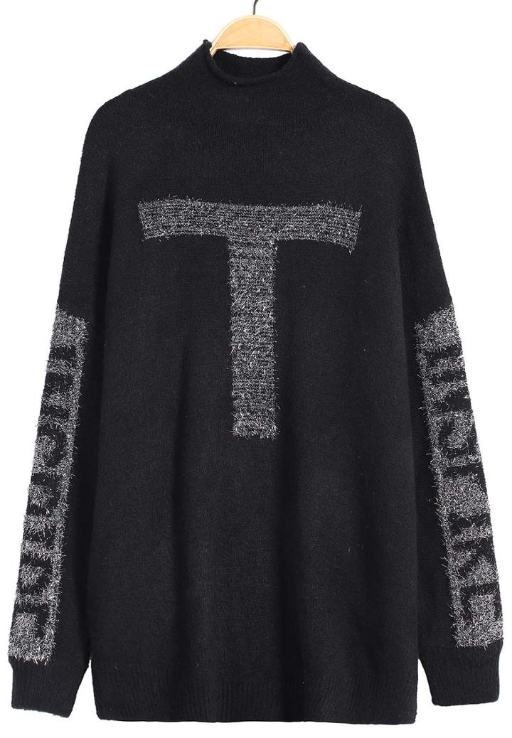 Romwe High Neck Metallic Panel Black Jumper