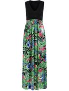 Romwe V Neck Floral Pleated Maxi Green Dress