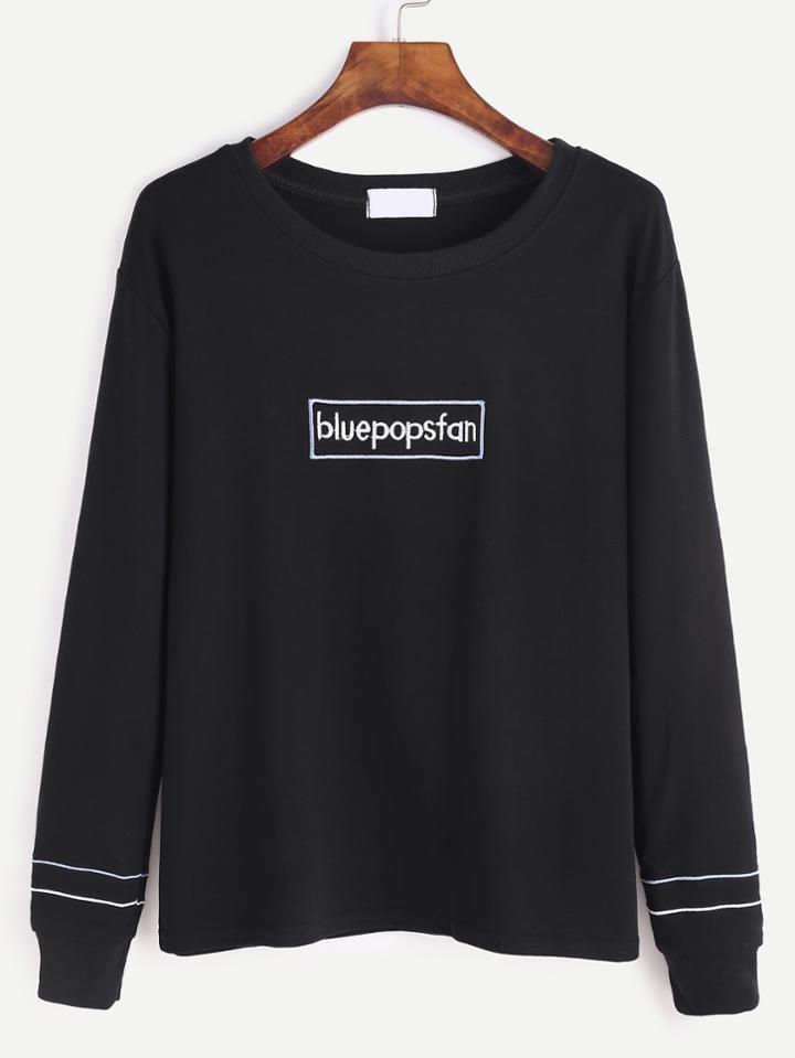 Romwe Black Letter Embroidered Striped Trim Sweatshirt