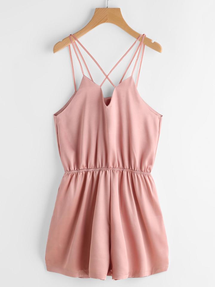 Romwe Strap Detail Elastic Waist Satin Romper
