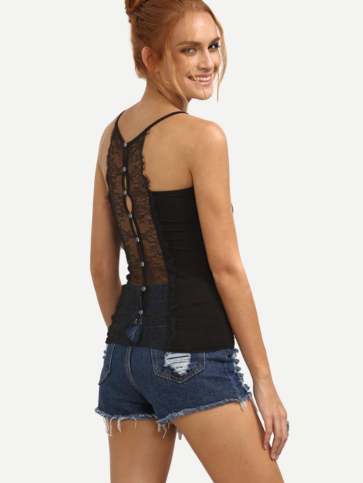Romwe Buttoned Lace Back Cami Top - Black