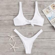 Romwe Tie Front Top With High Leg Bikini Set