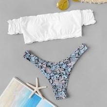 Romwe Lettuce Trim Bardot Top With Snake Print Bikini