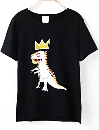 Romwe Dip Hem Dinosaur Print Black T-shirt