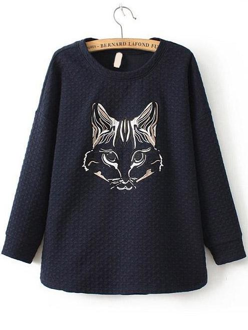 Romwe Cat Embroidered Navy Sweatshirt