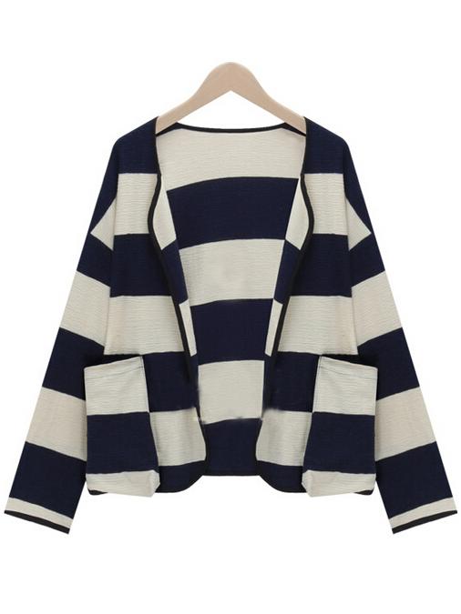Romwe Long Sleeve Plaid Pockets Blue White Coat