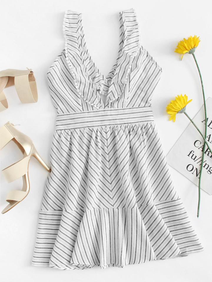 Romwe Deep V Neckline Criss Cross Back Striped Dress