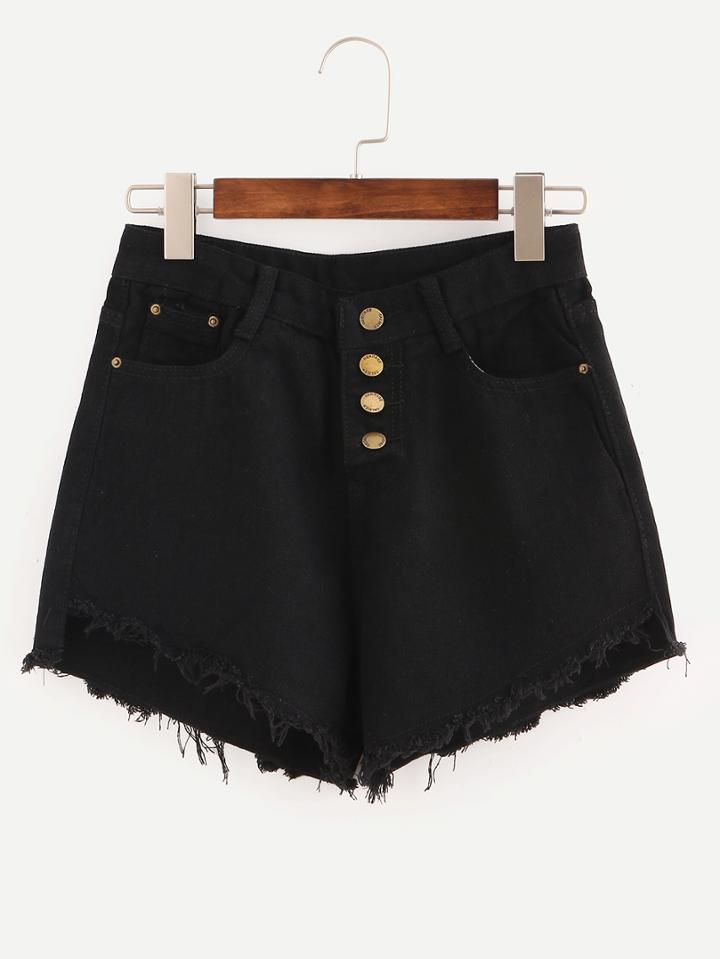 Romwe Black Fringe Single Breasted Denim Shorts