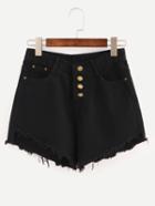 Romwe Black Fringe Single Breasted Denim Shorts