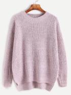 Romwe Pink Drop Shoulder High Low Slit Side Sweater