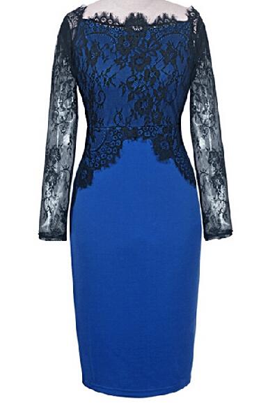 Romwe Lace Embellished Bodycon Blue Dress