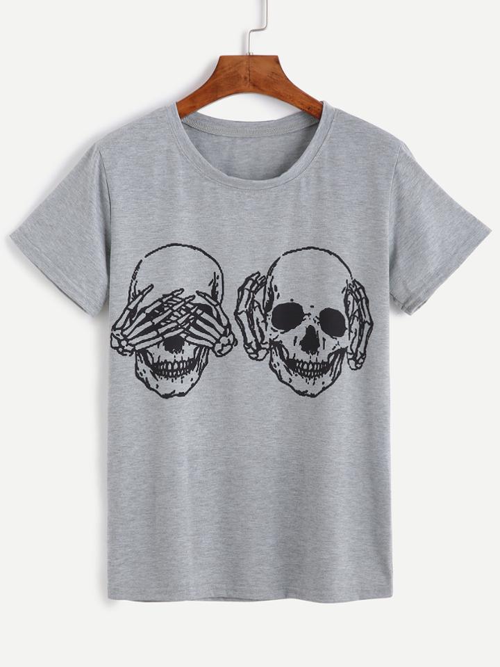Romwe Grey Skull Print Short Sleeve T-shirt