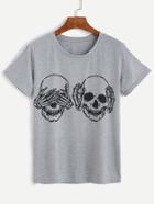Romwe Grey Skull Print Short Sleeve T-shirt