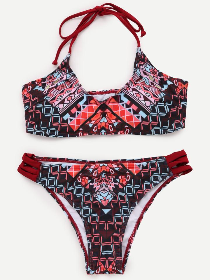 Romwe Multicolor Tribal Print Ladder Cutout Bikini Set