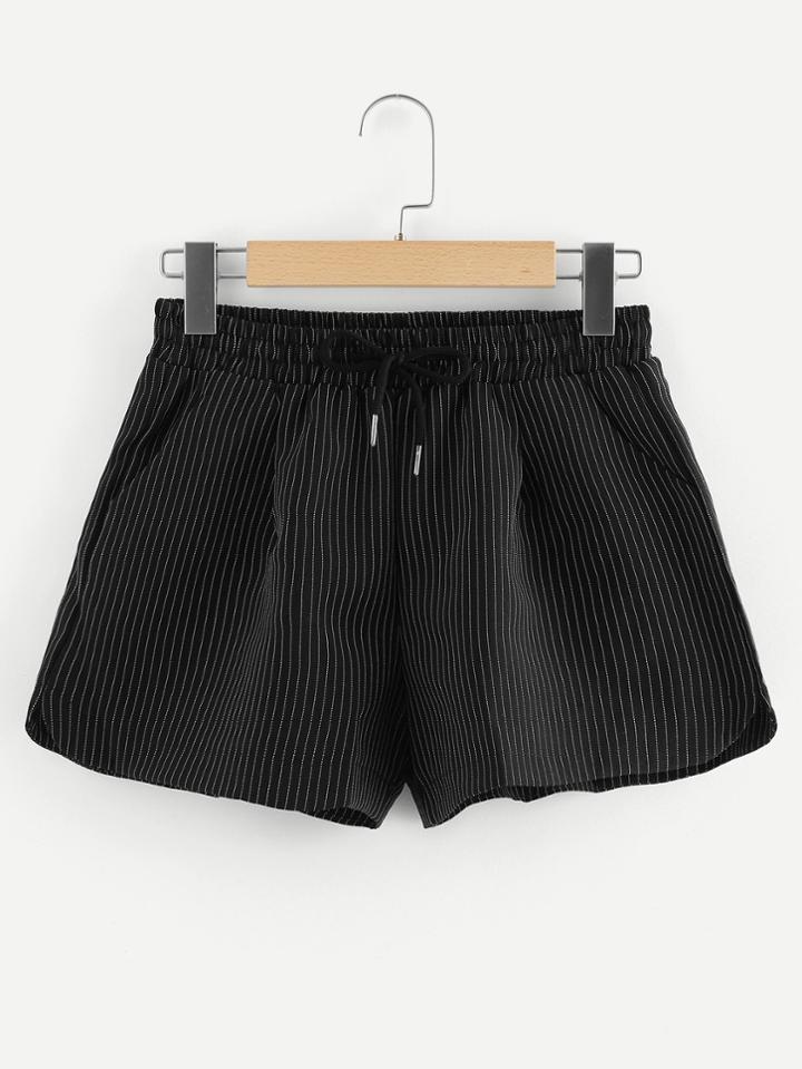 Romwe Elastic Waist Self Tie Striped Shorts