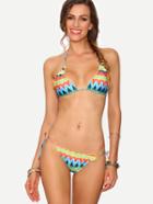 Romwe Ruffled Multicolor Chevron Print Bikini Set