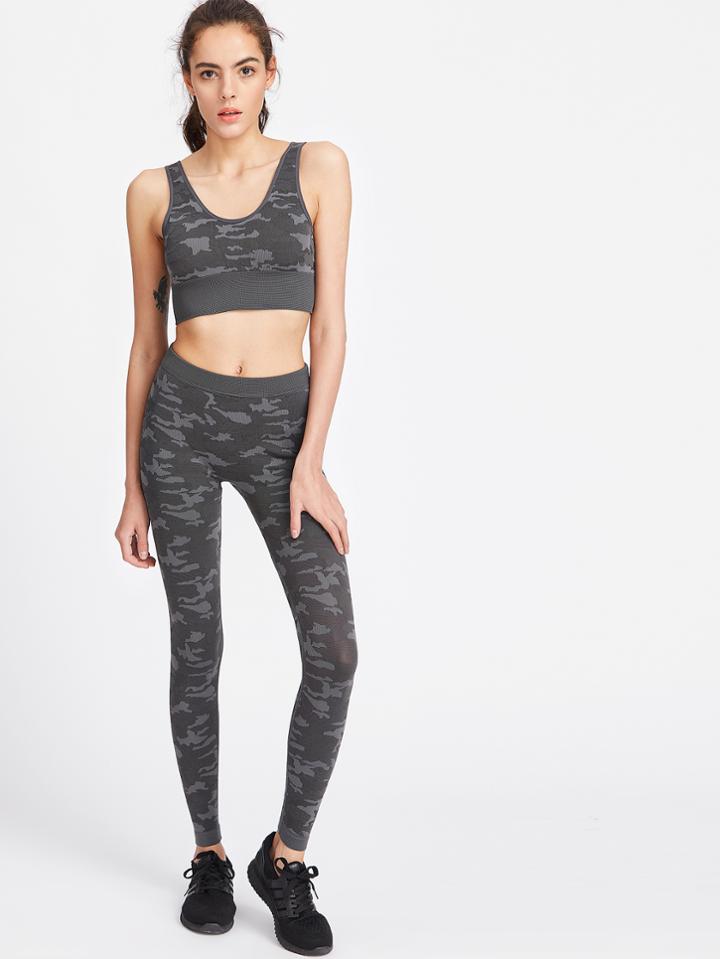 Romwe Dark Grey Camo Print Crop Tank Top With Leggings
