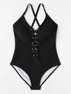 Romwe Lace Up Cross Back Swimsuit