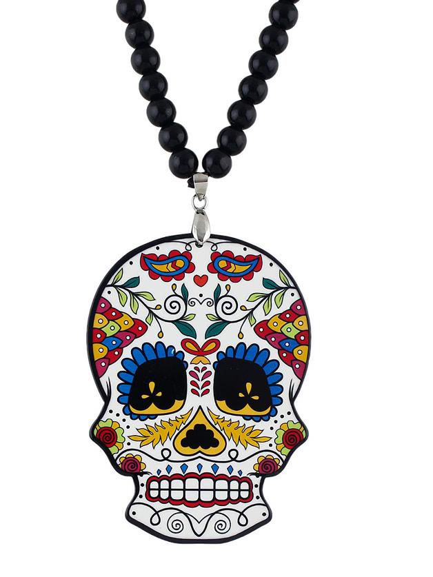 Romwe Beads Chain Long Colorful Skull Pendant Necklace