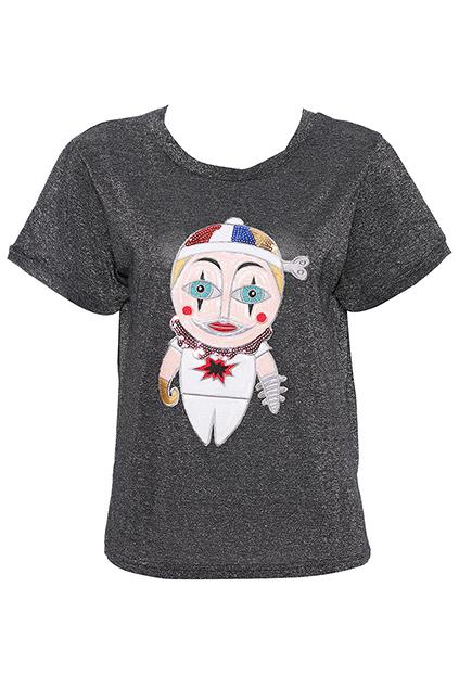 Romwe Sequin Cartoon Stitching Black T-shirt