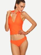 Romwe Fluorescent Orange Zip Front Sleeveless Rash Guard Swimwear