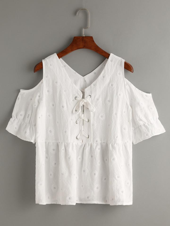 Romwe White Open Shoulder Daisy Print Lace Up Top