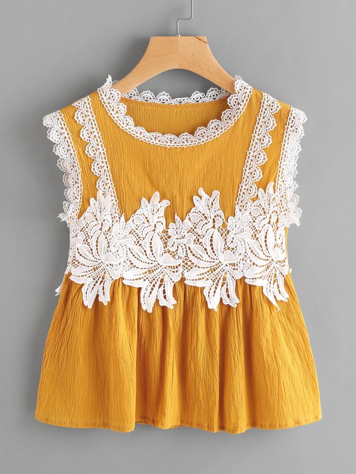 Romwe Contrast Crochet Appliques Trim Smock Blouse