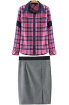Romwe Lapel Long Sleeve Plaid Top With Zipper Split Skirt