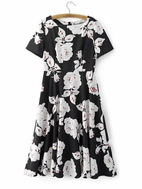 Romwe Black Floral Zipper Back Pleated Dress