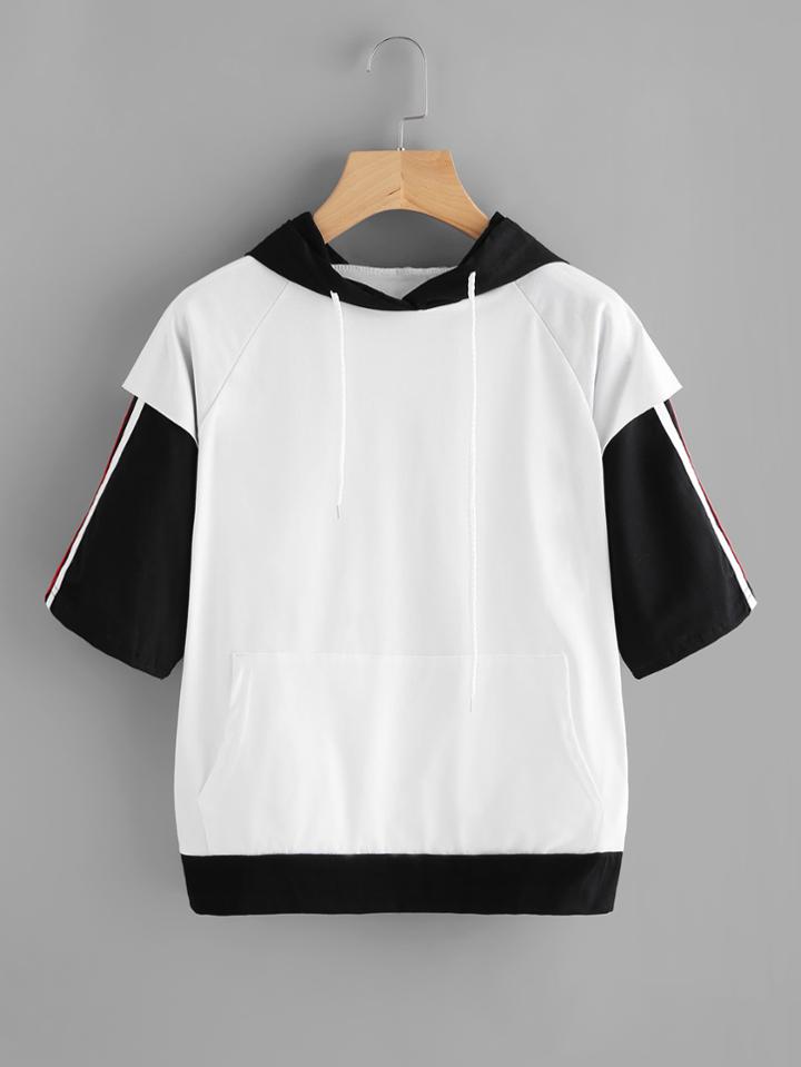 Romwe Contrast Sleeve Kangaroo Pocket Hoodie