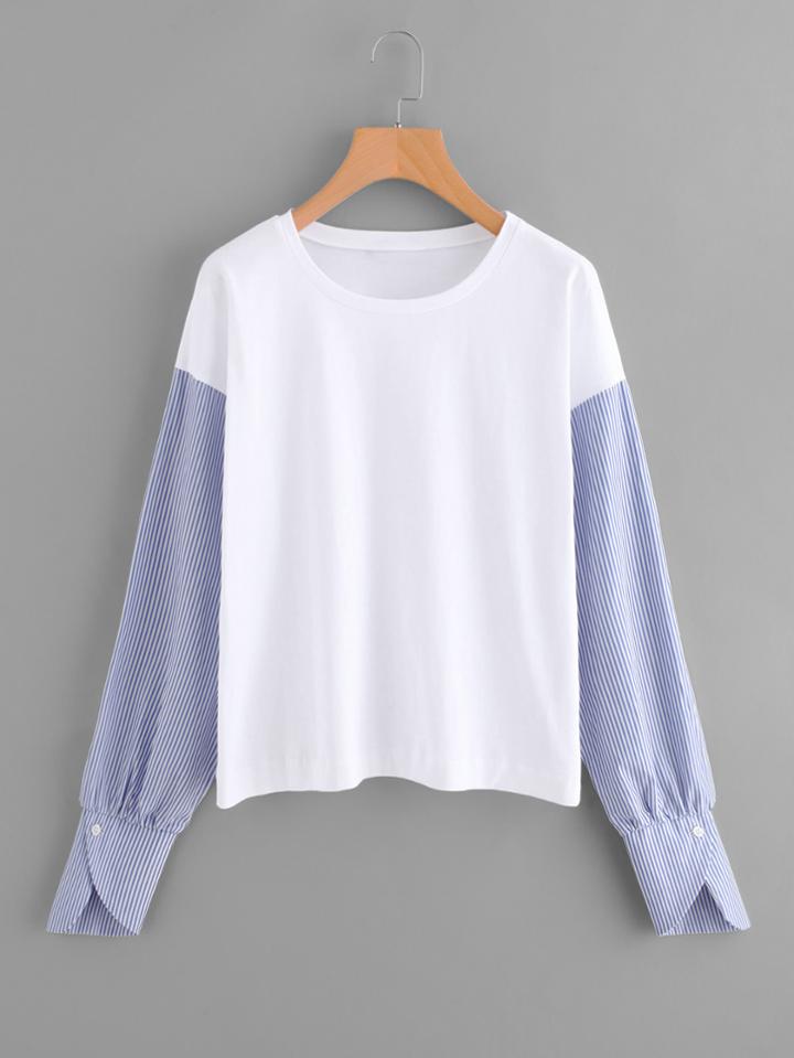 Romwe Contrast Striped Sleeve Petal Cuff Top
