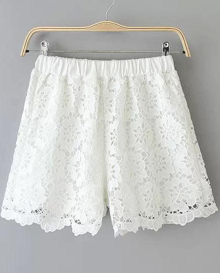 Romwe White Elastic Waist Floral Crochet Lace Shorts
