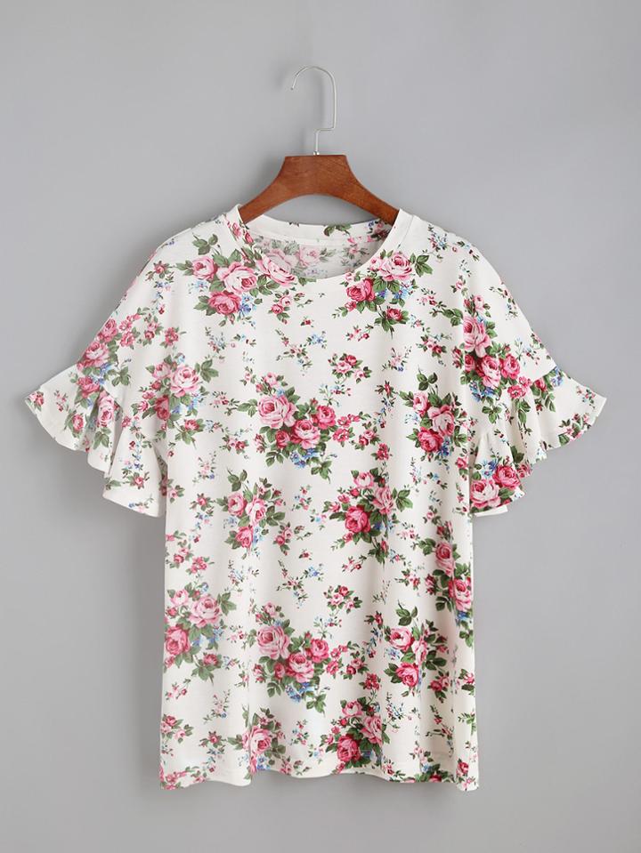 Romwe Ditsy Print Frill Sleeve Tee