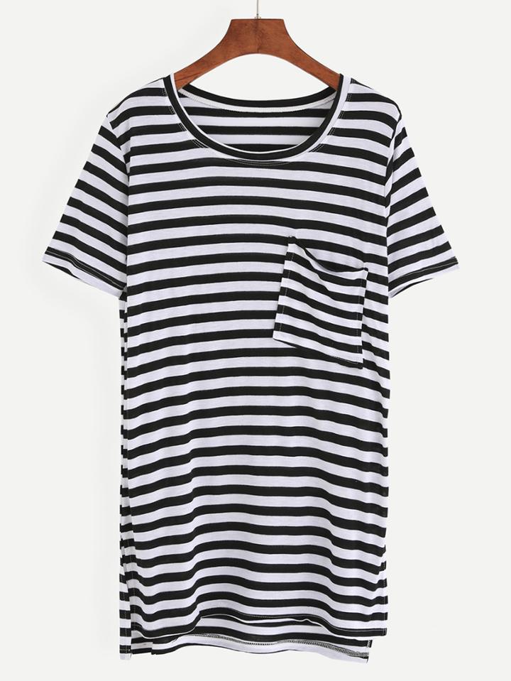 Romwe Black White Striped Pocket Tee Dress