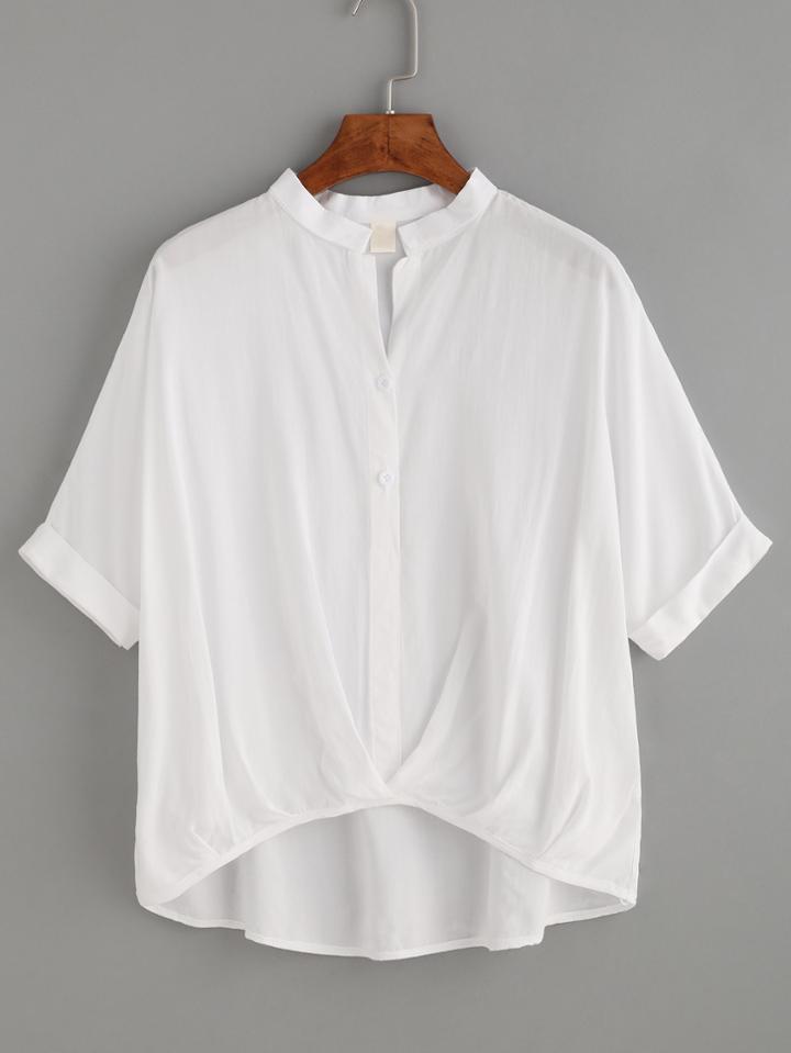 Romwe White Band Collar Draped High Low Blouse
