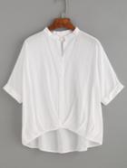Romwe White Band Collar Draped High Low Blouse